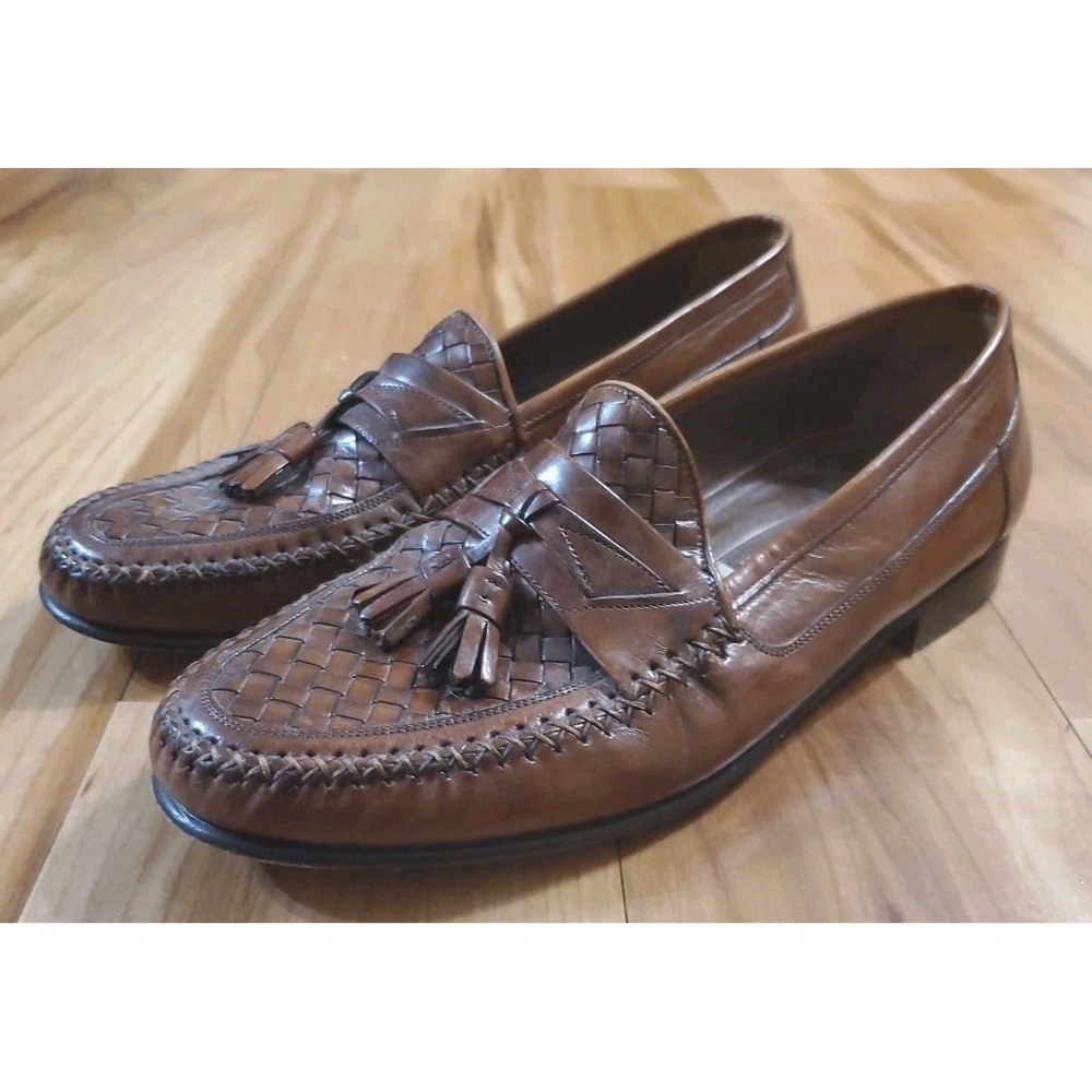 JOHNSTON MURPHY Dress Shoes Brown Woven Leather Italian Tassel Loafers Size 9M‎